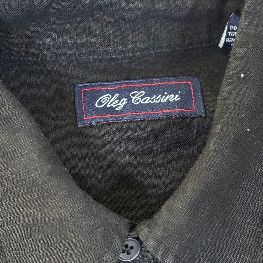 VTG Oleg Cassini Mens XL Black Short Sleeve Button Down Linen Blend Shirt Pocket - Picture 7 of 9